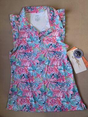 NWT X by Gottex Diane Ruffle Sleeveless Golf Tennis Polo Shirt Aqua Flower XS